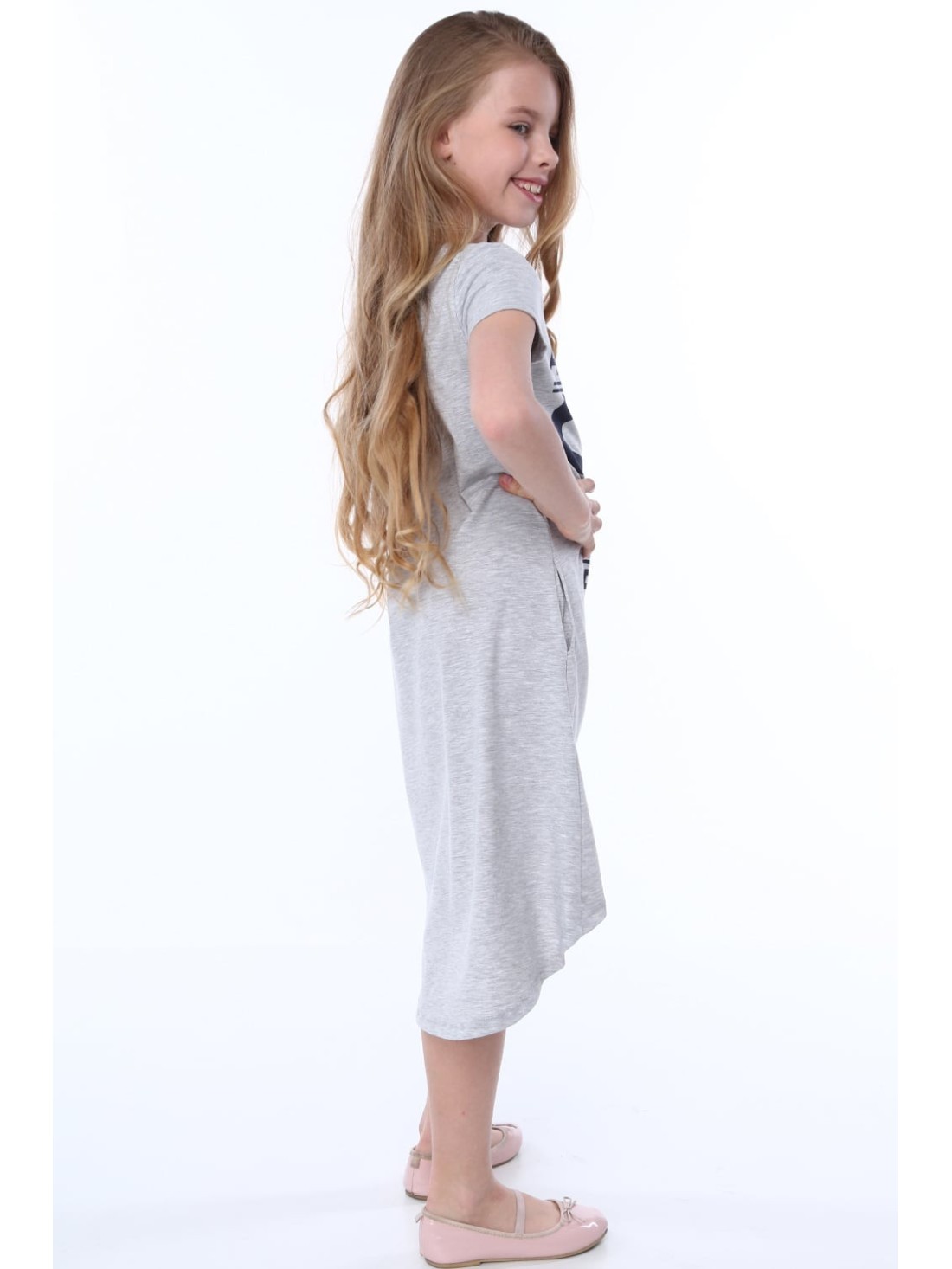 Girls\' dress with inscriptions, light gray NDZ8247 - Online store - Boutique